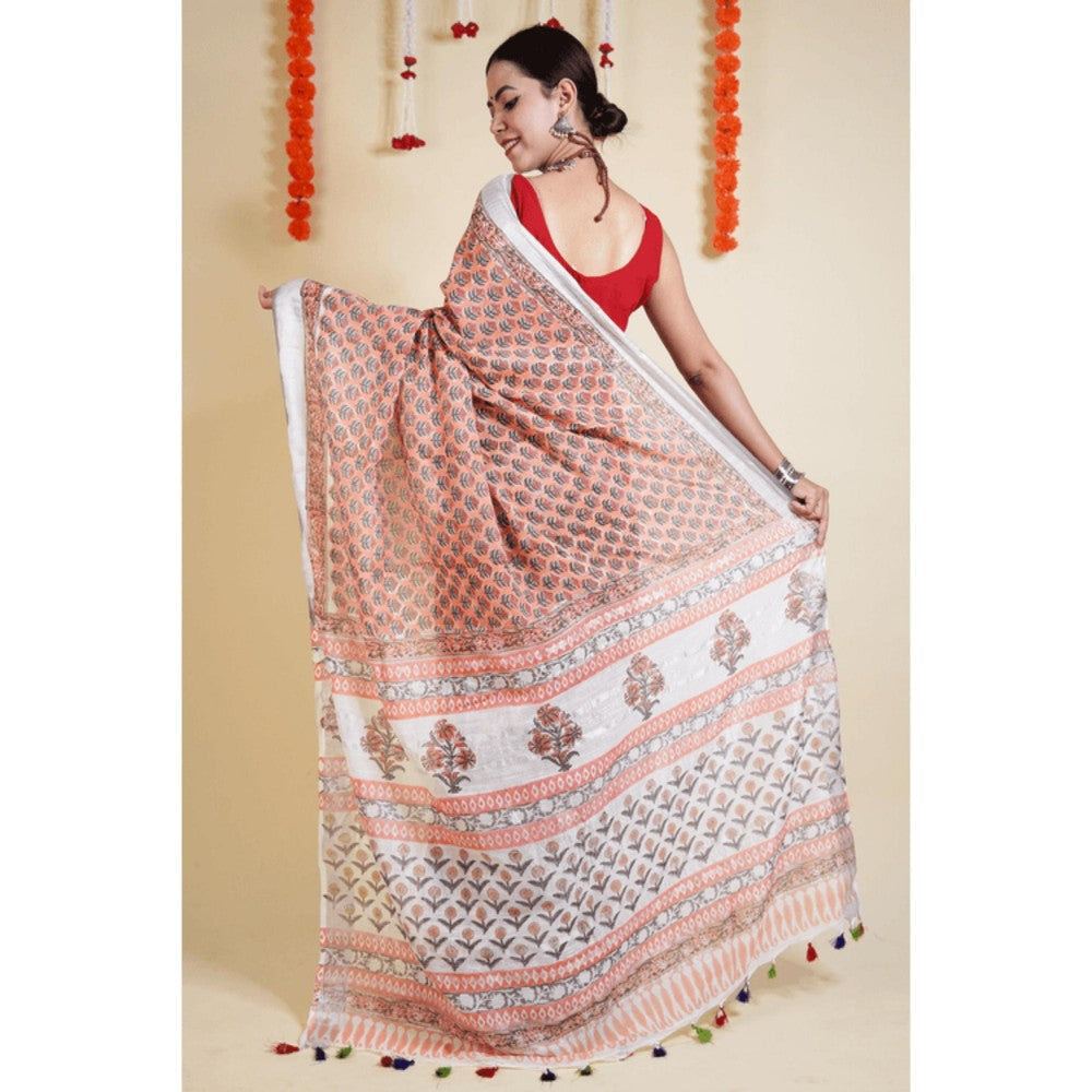 Isadora Life Womens Floral Hand Block Peach Pre-Draped Saree With Unstitched Blouse