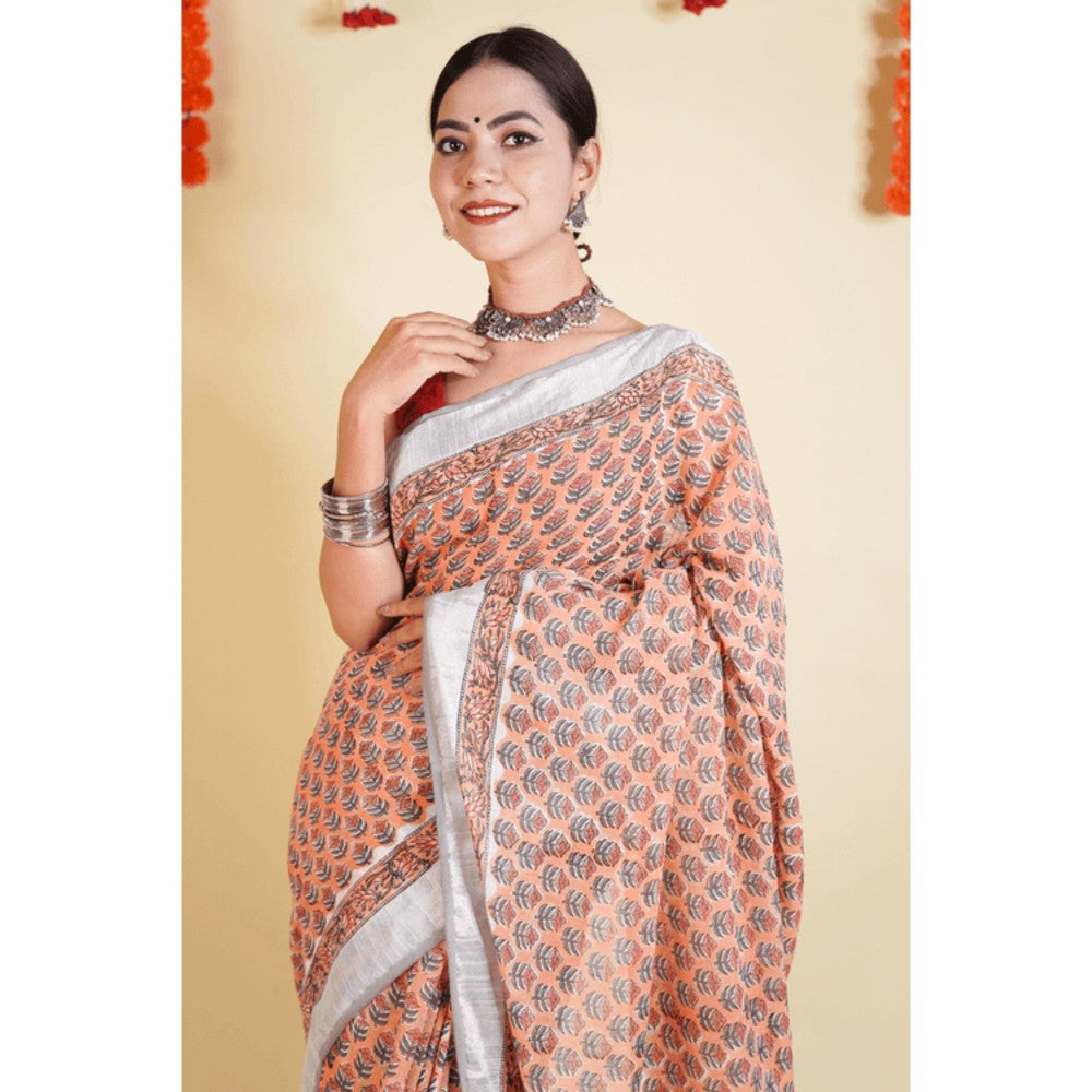 Isadora Life Womens Floral Hand Block Peach Pre-Draped Saree With Unstitched Blouse