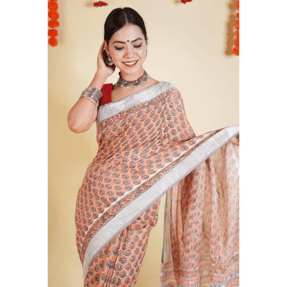 Isadora Life Womens Floral Hand Block Peach Pre-Draped Saree With Unstitched Blouse