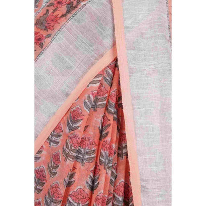 Isadora Life Womens Floral Hand Block Peach Pre-Draped Saree With Unstitched Blouse