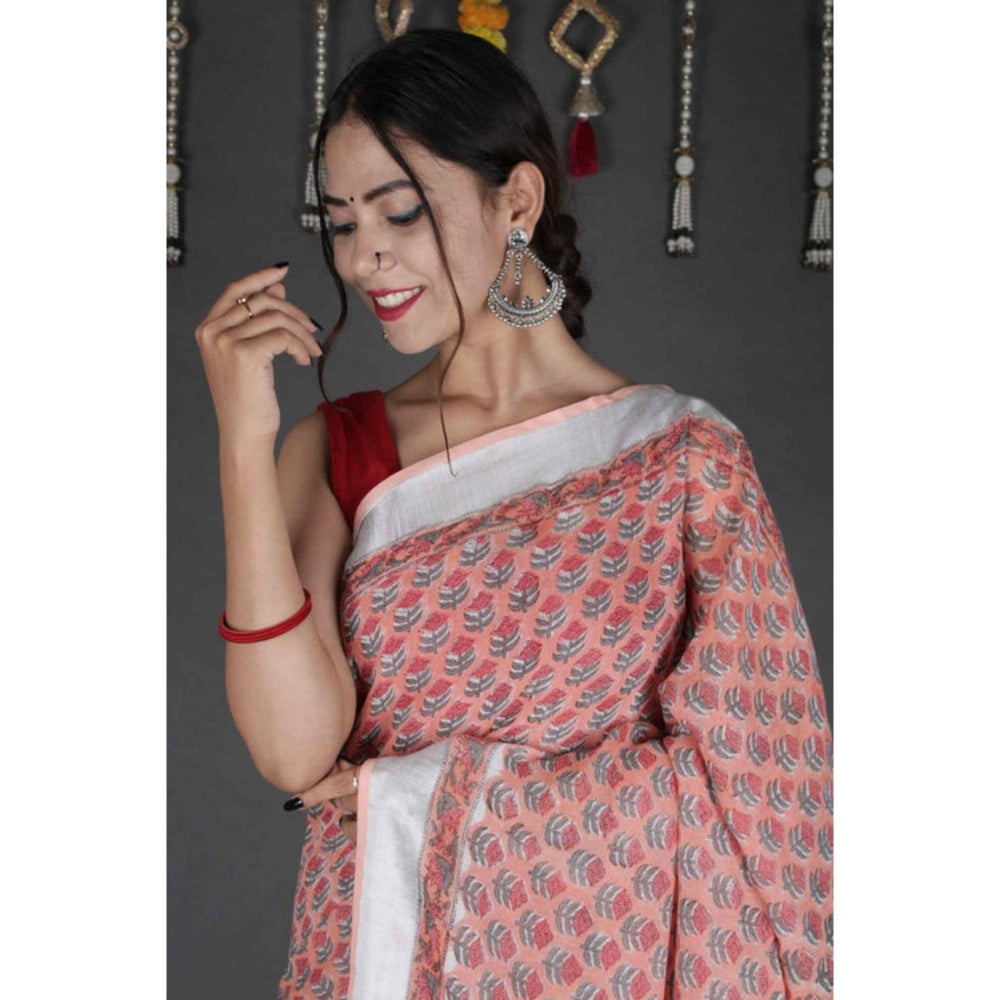 Isadora Life Womens Floral Hand Block Peach Pre-Draped Saree With Unstitched Blouse
