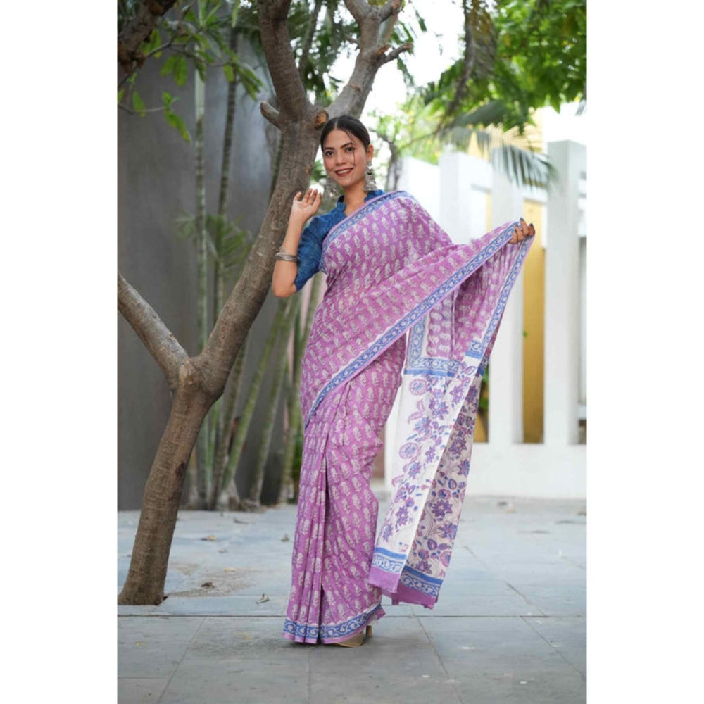 Isadora Life Womens Floral Printed Lavender Pre-Draped Saree With Unstitched Blouse
