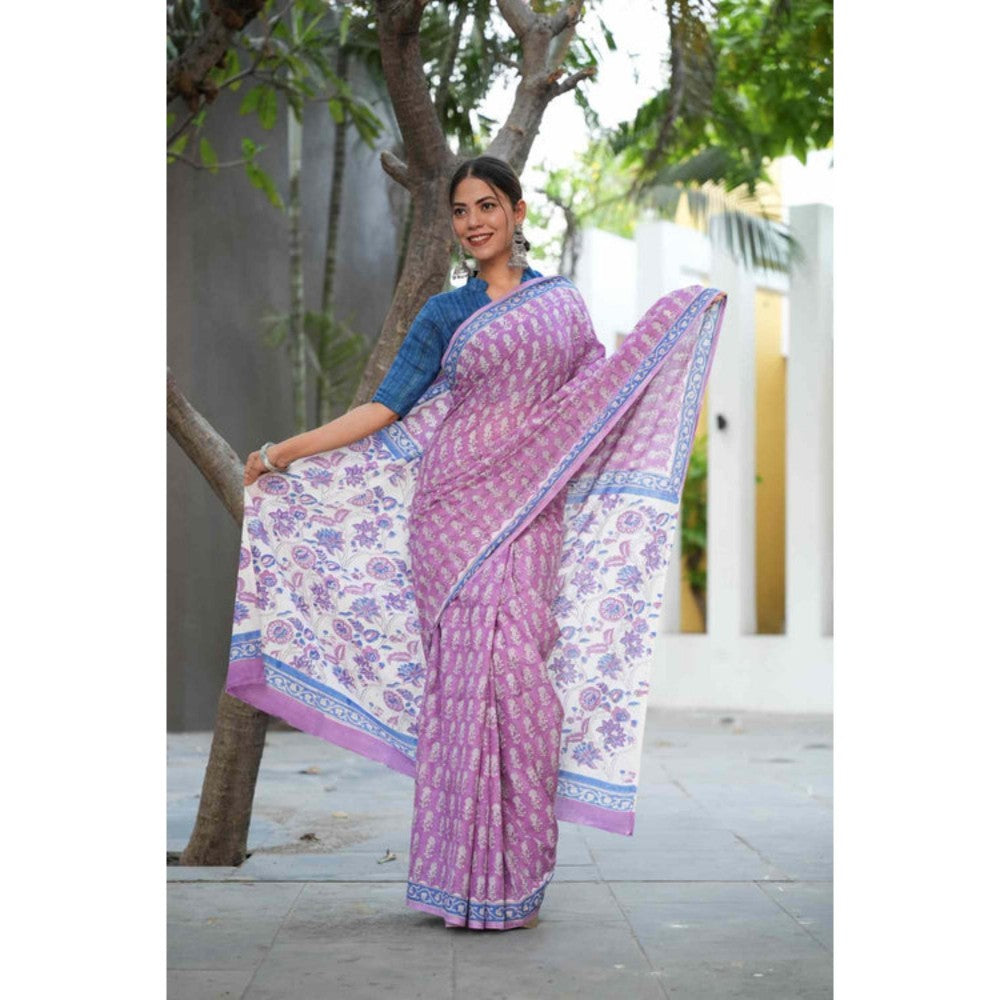 Isadora Life Womens Floral Printed Lavender Pre-Draped Saree With Unstitched Blouse