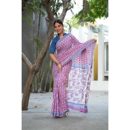 Isadora Life Womens Floral Printed Lavender Pre-Draped Saree With Unstitched Blouse