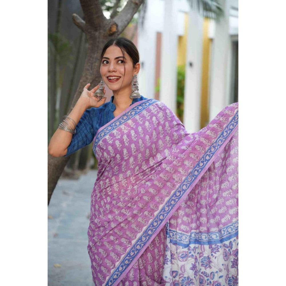 Isadora Life Womens Floral Printed Lavender Pre-Draped Saree With Unstitched Blouse