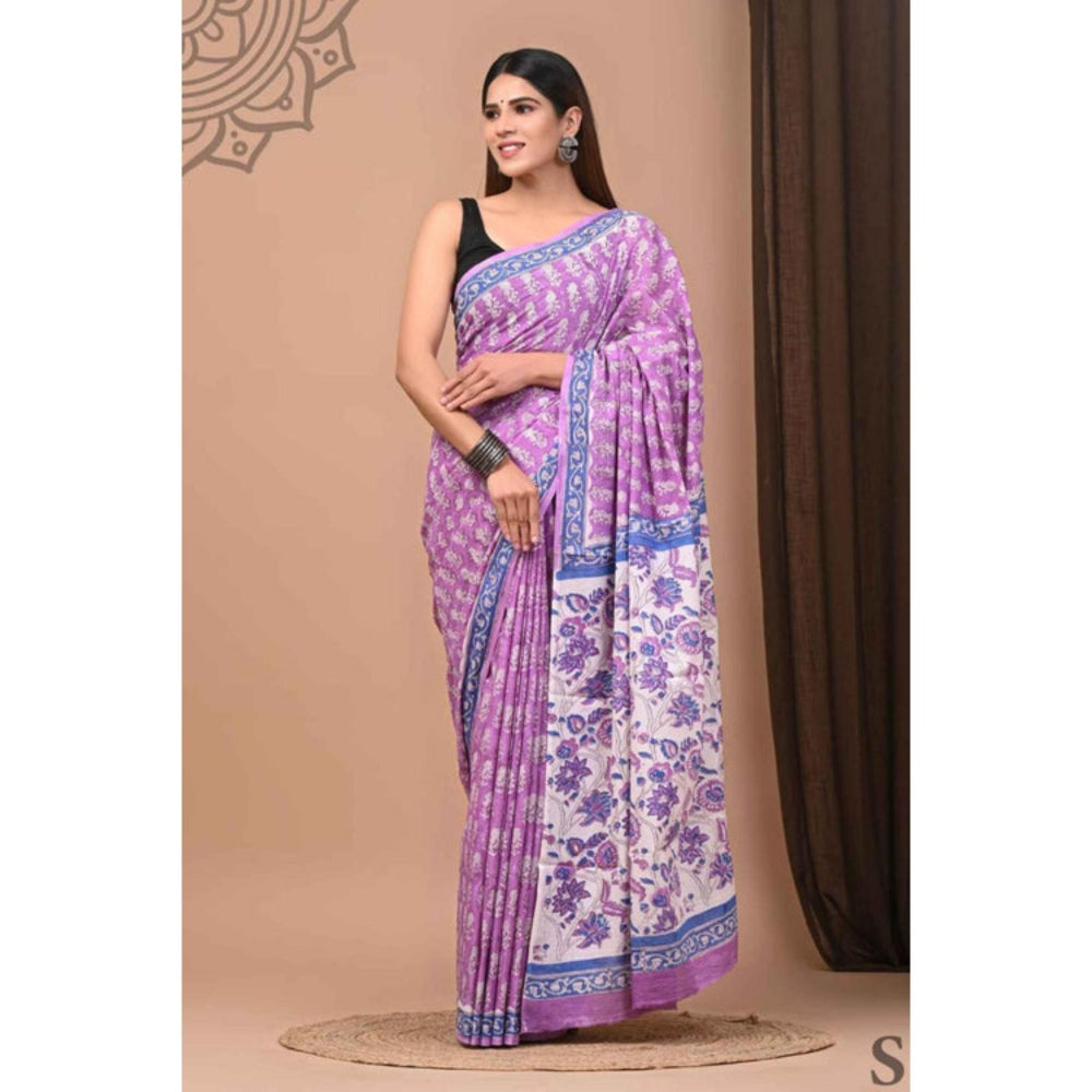Isadora Life Womens Floral Printed Lavender Pre-Draped Saree With Unstitched Blouse