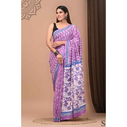 Isadora Life Womens Floral Printed Lavender Pre-Draped Saree With Unstitched Blouse