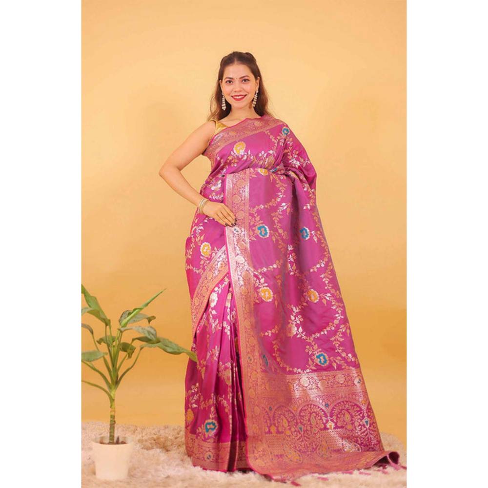 Isadora Life Womens Woven Zari Pink Pre-Draped Saree With Unstitched Blouse