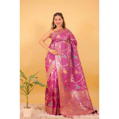 Isadora Life Womens Woven Zari Pink Pre-Draped Saree With Unstitched Blouse