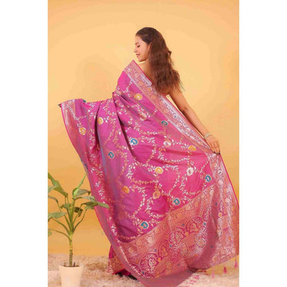 Isadora Life Womens Woven Zari Pink Pre-Draped Saree With Unstitched Blouse