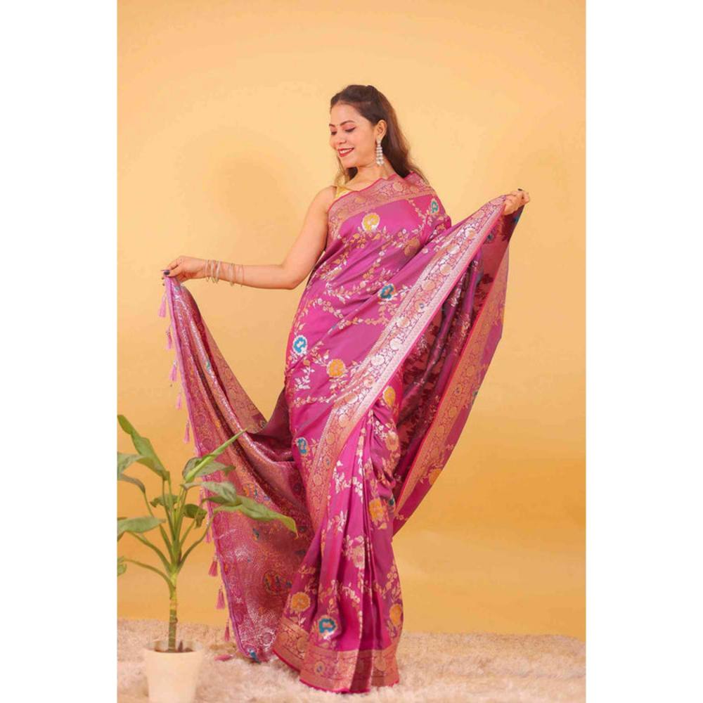 Isadora Life Womens Woven Zari Pink Pre-Draped Saree With Unstitched Blouse
