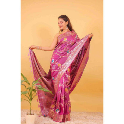 Isadora Life Womens Woven Zari Pink Pre-Draped Saree With Unstitched Blouse
