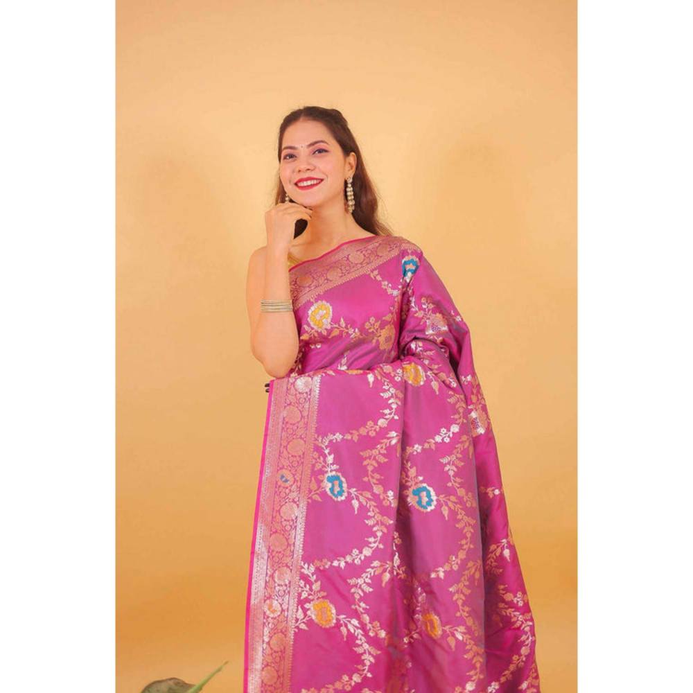 Isadora Life Womens Woven Zari Pink Pre-Draped Saree With Unstitched Blouse