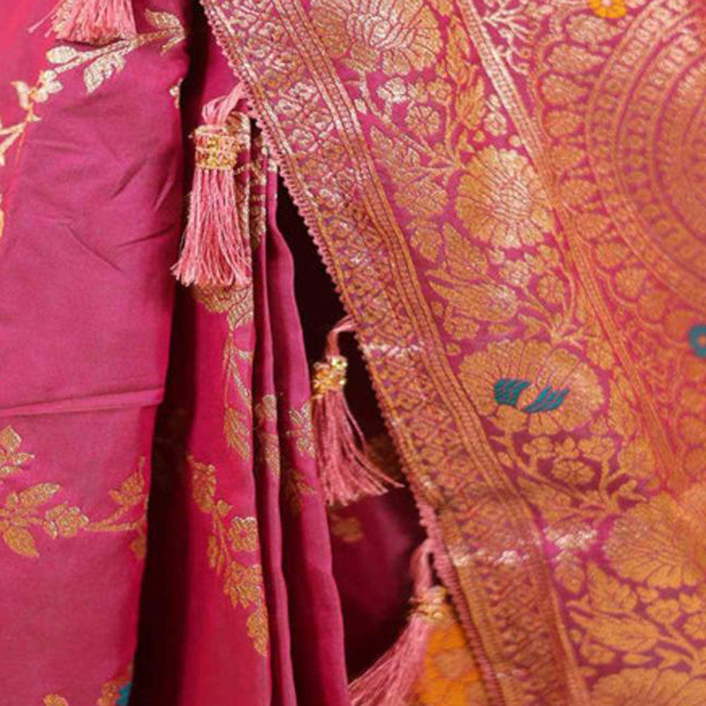 Isadora Life Womens Woven Zari Pink Pre-Draped Saree With Unstitched Blouse