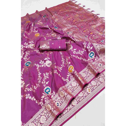 Isadora Life Womens Woven Zari Pink Pre-Draped Saree With Unstitched Blouse