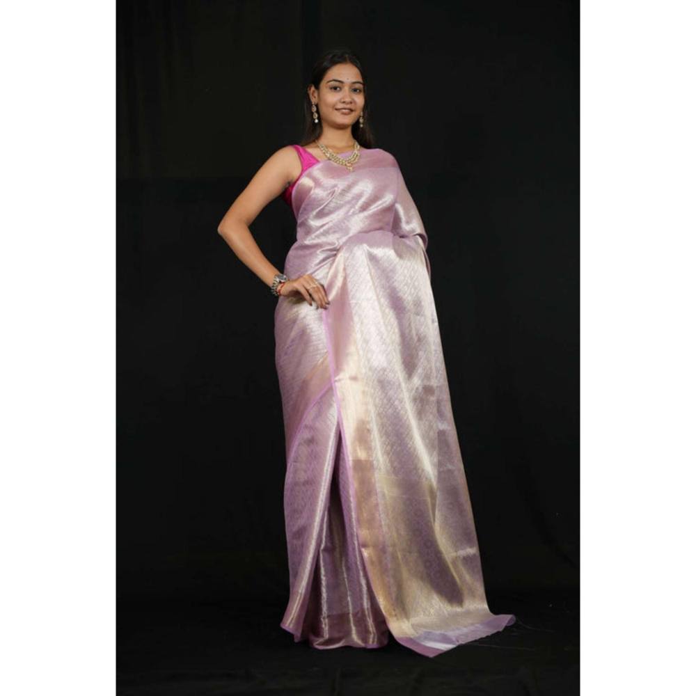Isadora Life Womens Woven Zari Lavender Pre-Draped Saree With Unstitched Blouse