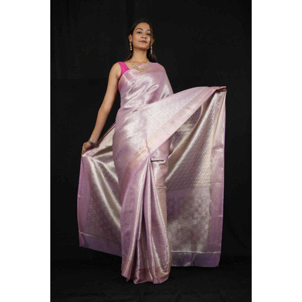 Isadora Life Womens Woven Zari Lavender Pre-Draped Saree With Unstitched Blouse