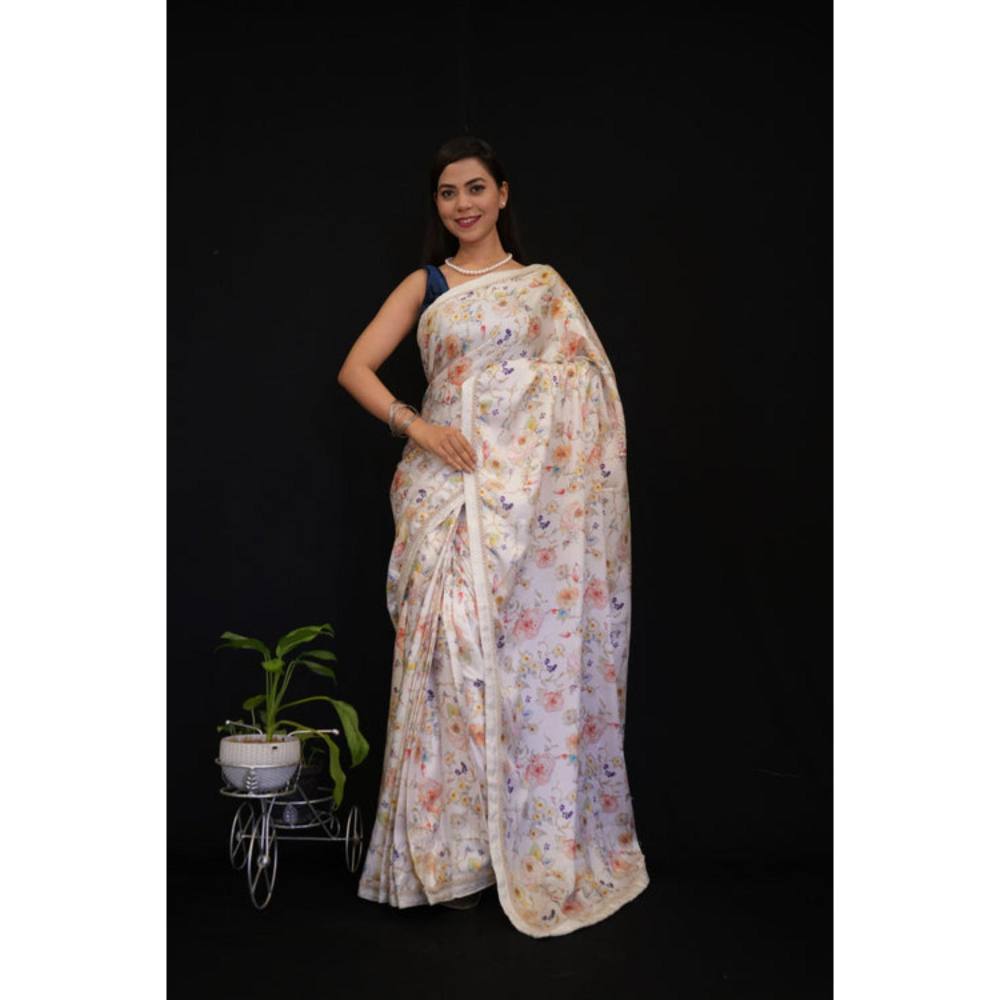 Isadora Life Womens Floral Printed White Pre-Draped Saree With Unstitched Blouse