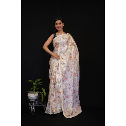 Isadora Life Womens Floral Printed White Pre-Draped Saree With Unstitched Blouse