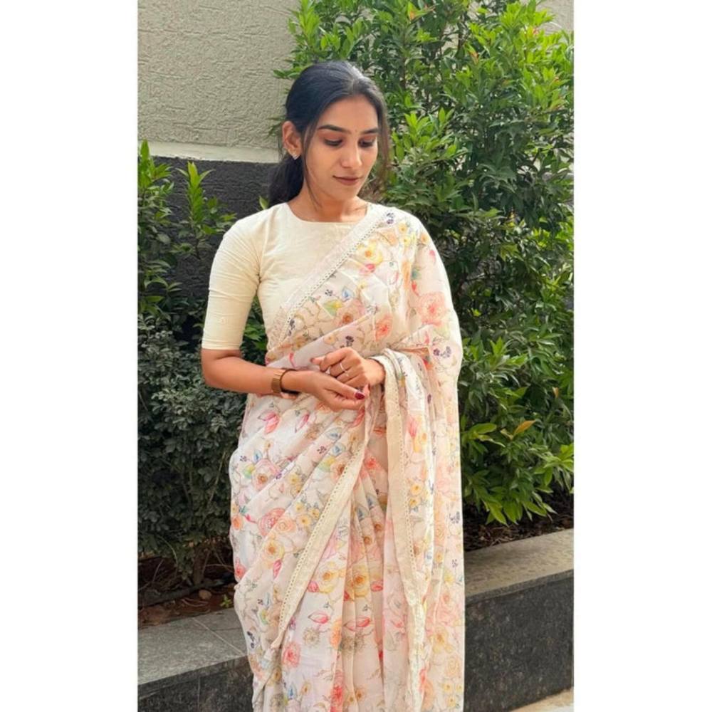 Isadora Life Womens Floral Printed White Pre-Draped Saree With Unstitched Blouse