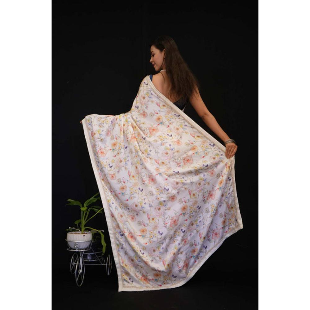 Isadora Life Womens Floral Printed White Pre-Draped Saree With Unstitched Blouse