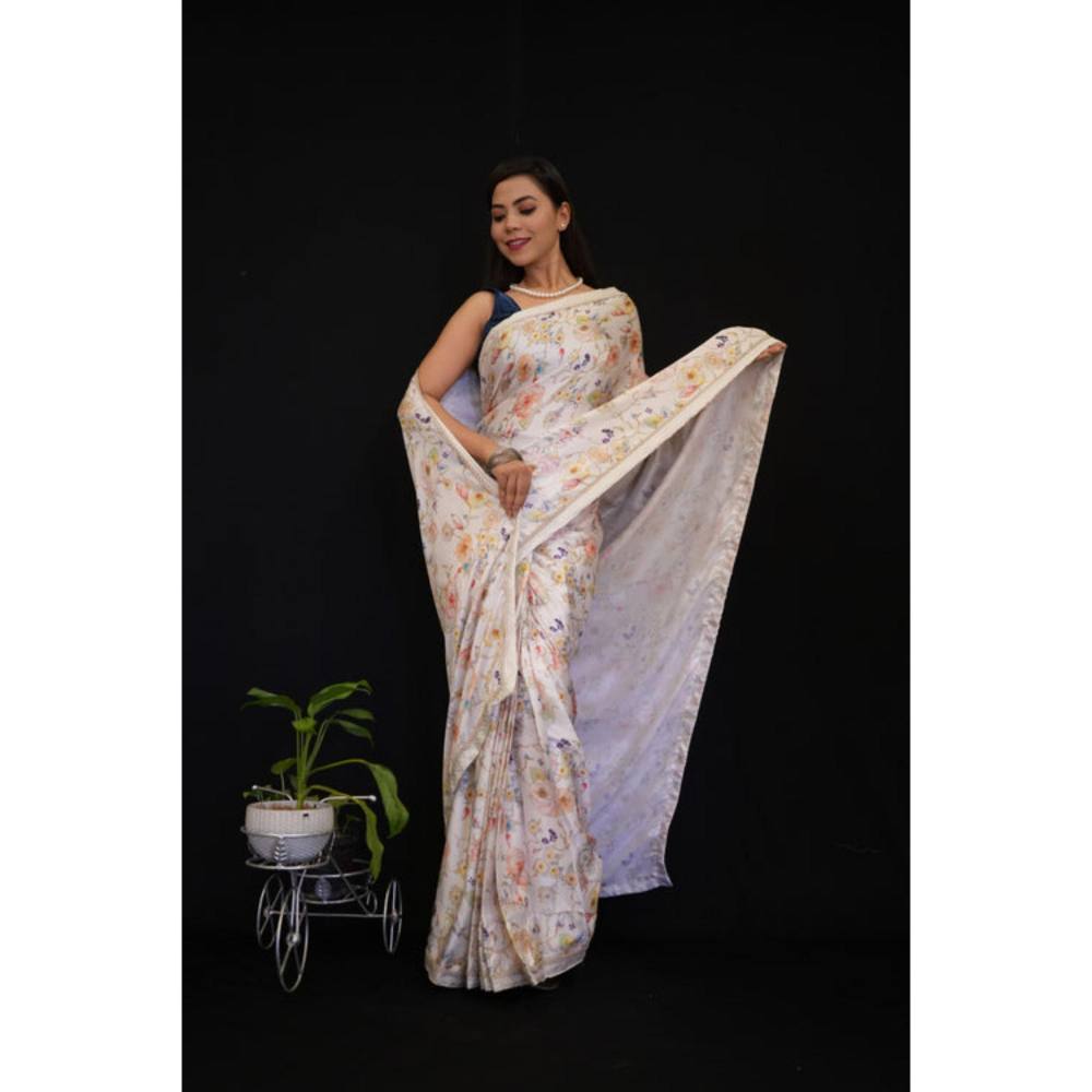 Isadora Life Womens Floral Printed White Pre-Draped Saree With Unstitched Blouse