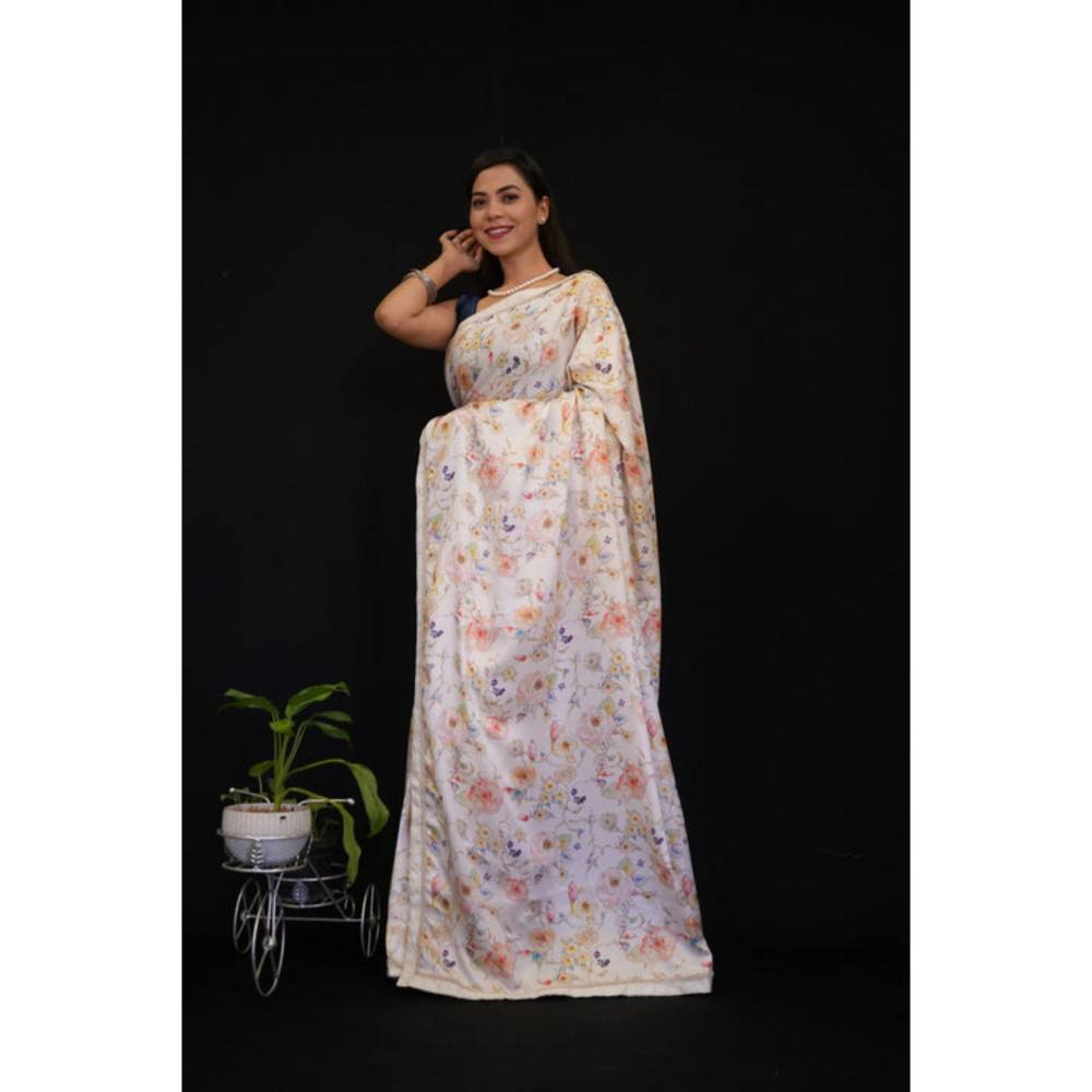 Isadora Life Womens Floral Printed White Pre-Draped Saree With Unstitched Blouse