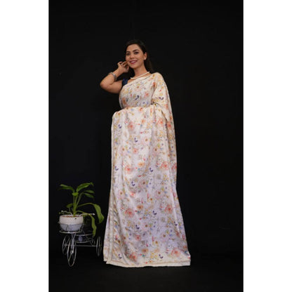 Isadora Life Womens Floral Printed White Pre-Draped Saree With Unstitched Blouse