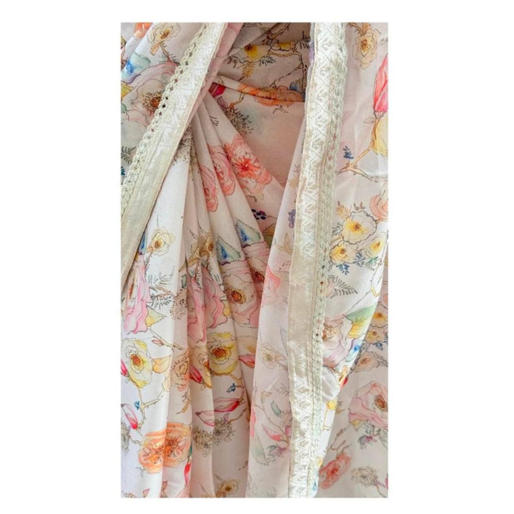 Isadora Life Womens Floral Printed White Pre-Draped Saree With Unstitched Blouse