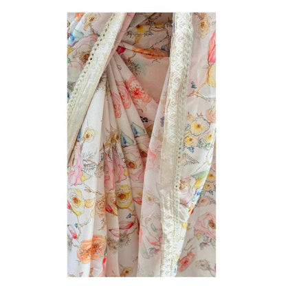 Isadora Life Womens Floral Printed White Pre-Draped Saree With Unstitched Blouse