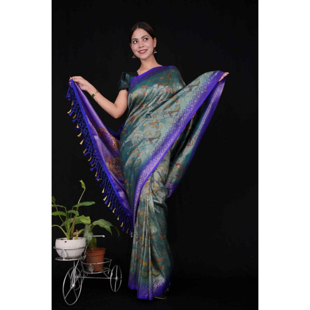 Isadora Life Womens Woven Tassels Blue Pre-Draped Saree With Unstitched Blouse