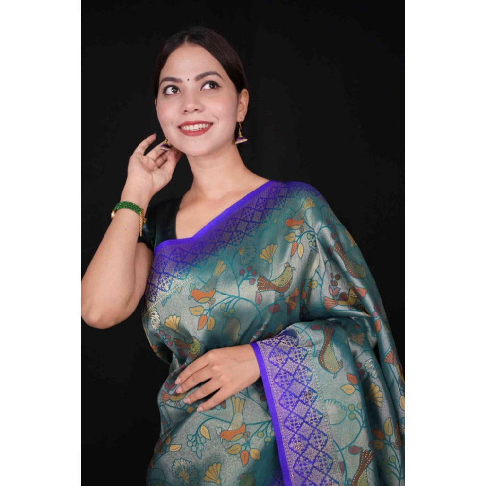 Isadora Life Womens Woven Tassels Blue Pre-Draped Saree With Unstitched Blouse