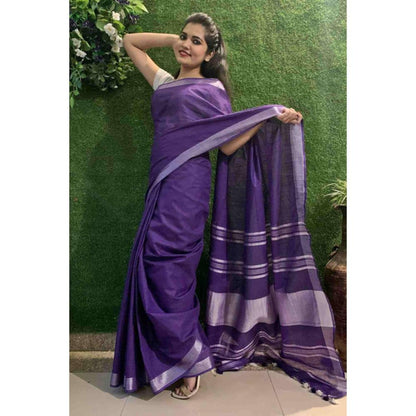 Isadora Life Womens Woven Tassels Purple Pre-Draped Saree With Unstitched Blouse