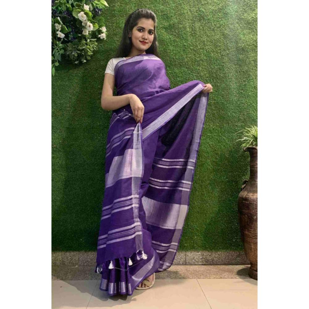 Isadora Life Womens Woven Tassels Purple Pre-Draped Saree With Unstitched Blouse