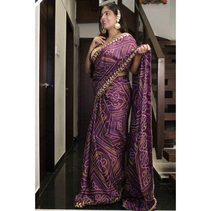 Isadora Life Womens Bandhani Printed Purple Pre-Draped Saree With Unstitched Blouse