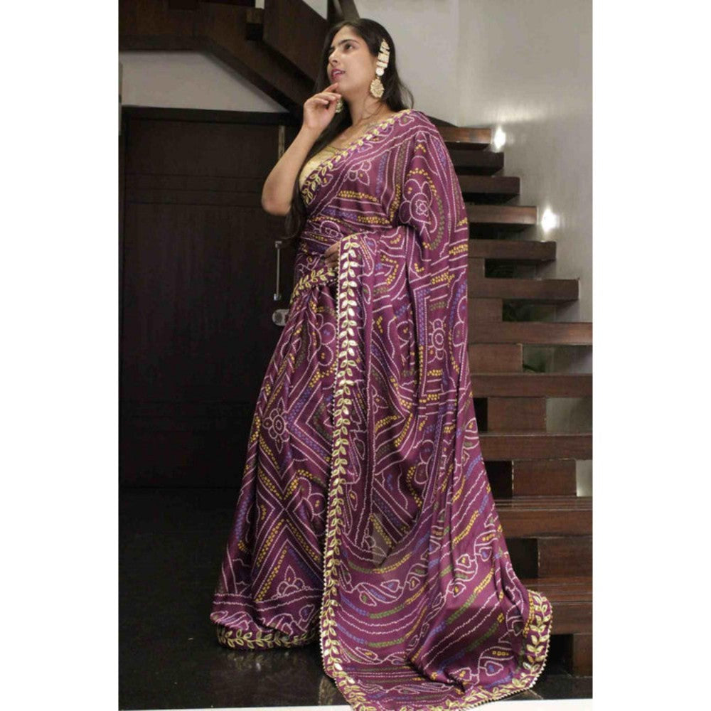 Isadora Life Womens Bandhani Printed Purple Pre-Draped Saree With Unstitched Blouse