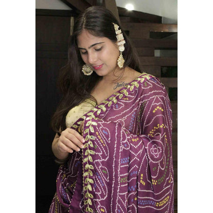 Isadora Life Womens Bandhani Printed Purple Pre-Draped Saree With Unstitched Blouse