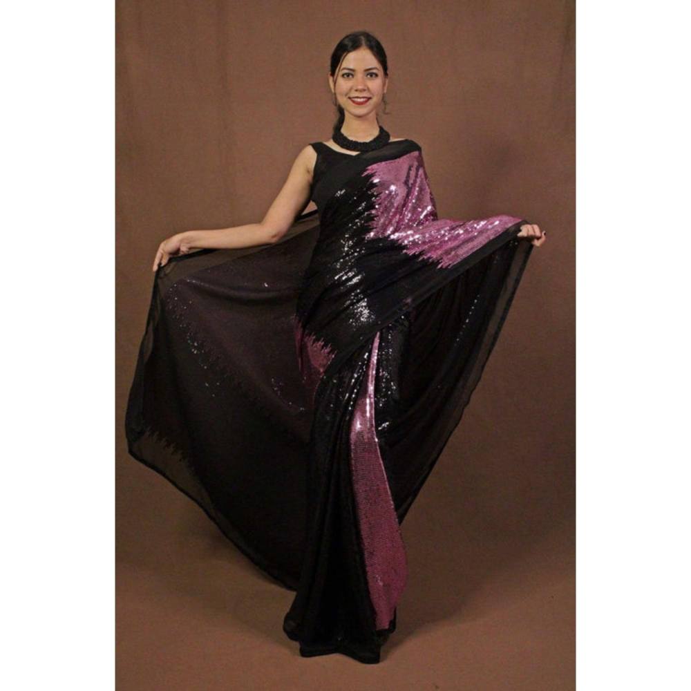 Isadora Life Womens Sequined Black Pre-Draped Saree With Unstitched Blouse