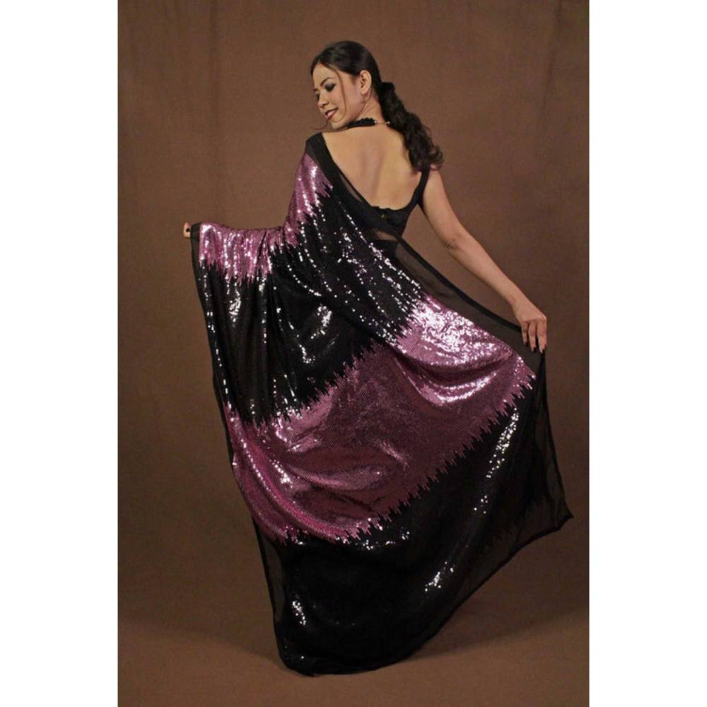 Isadora Life Womens Sequined Black Pre-Draped Saree With Unstitched Blouse