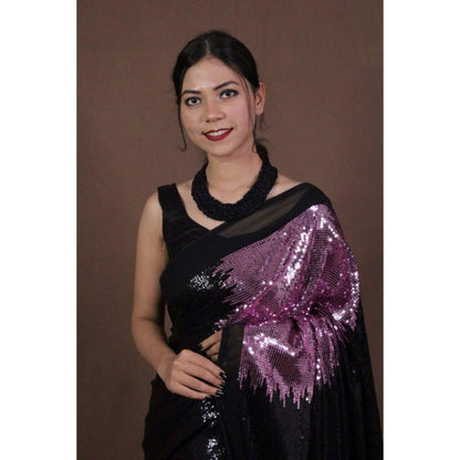 Isadora Life Womens Sequined Black Pre-Draped Saree With Unstitched Blouse