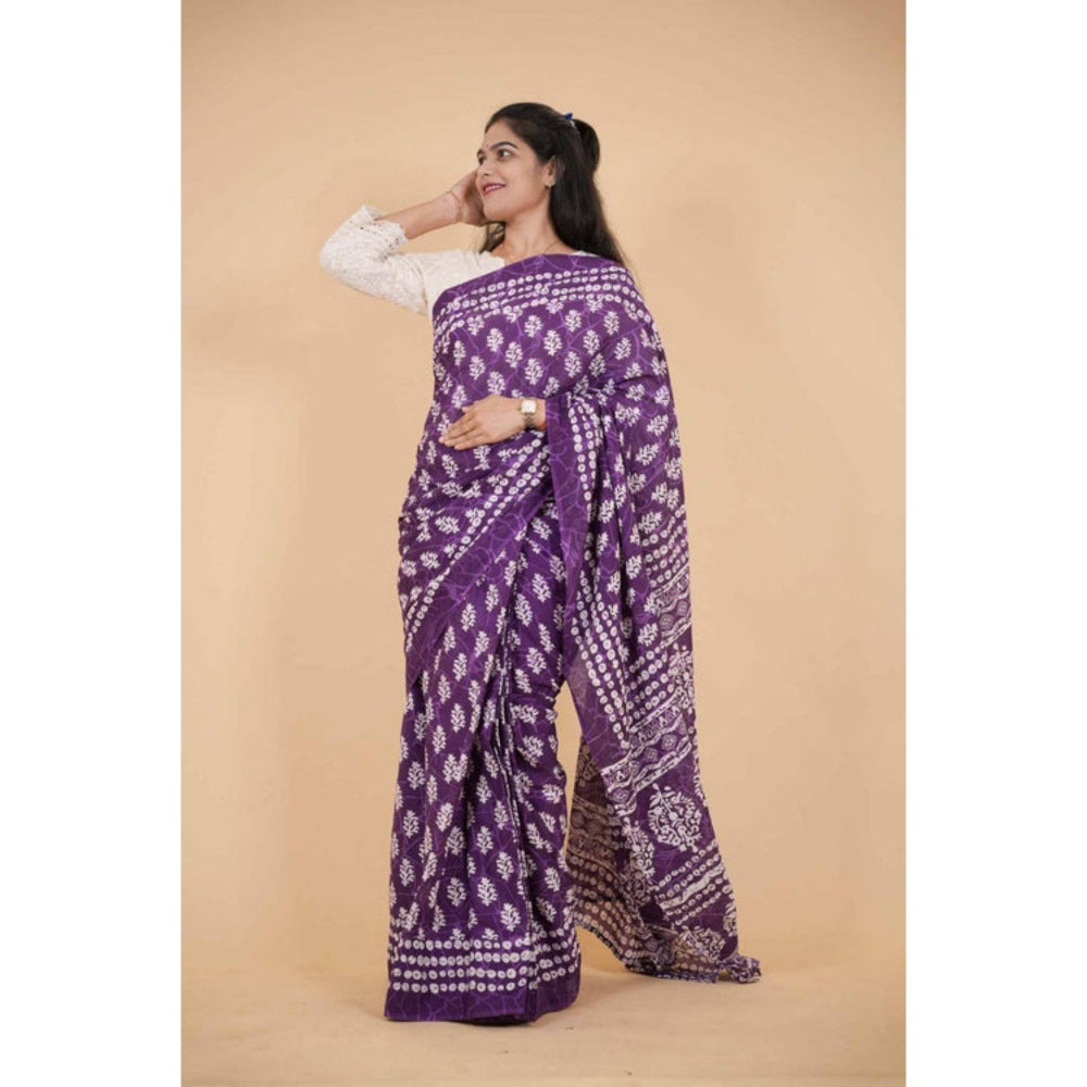 Isadora Life Womens Printed Purple Pre-Draped Saree With Unstitched Blouse