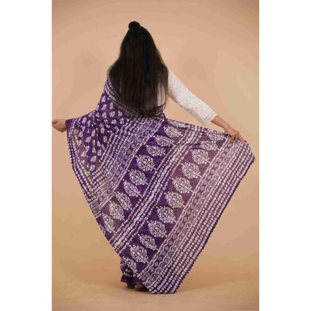 Isadora Life Womens Printed Purple Pre-Draped Saree With Unstitched Blouse