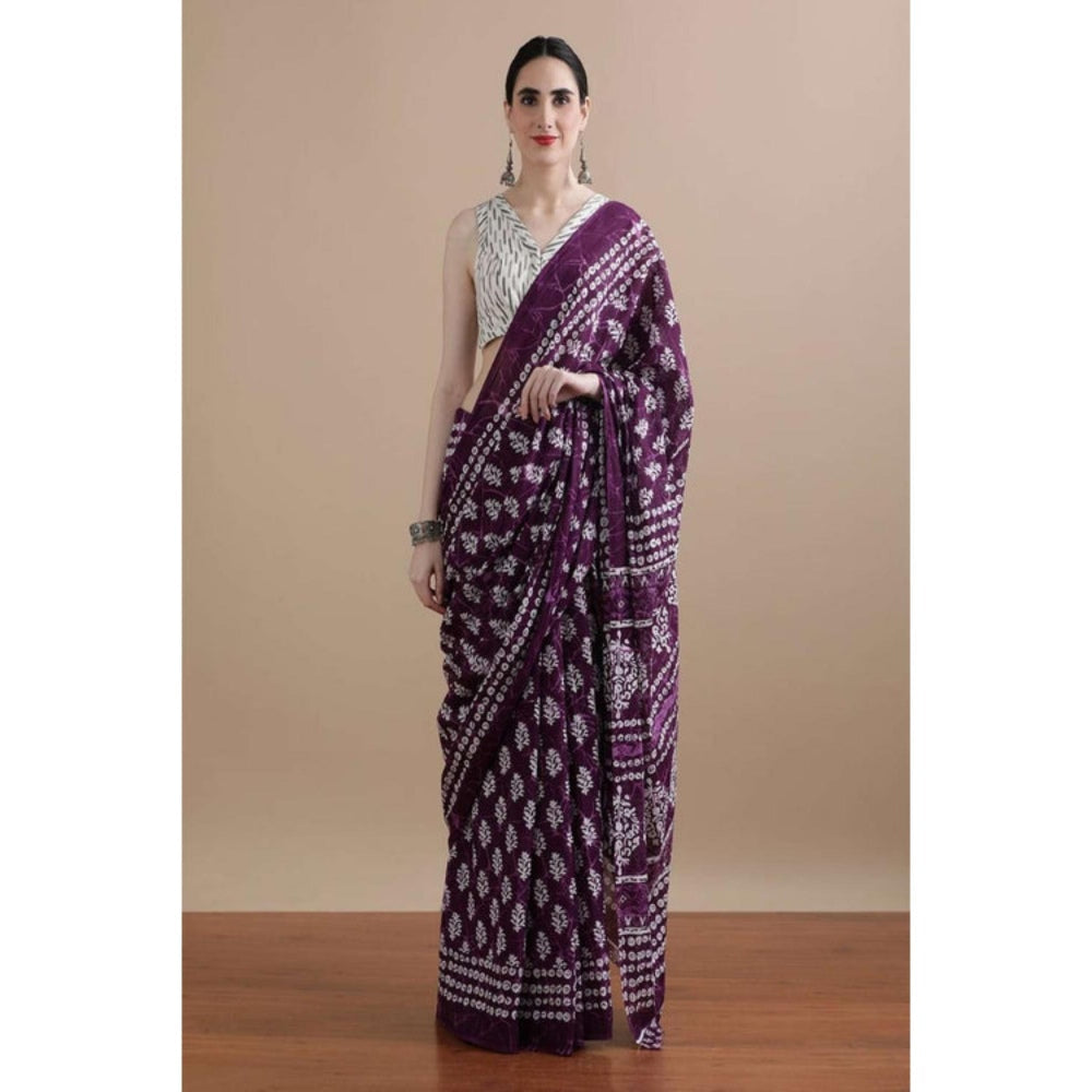Isadora Life Womens Printed Purple Pre-Draped Saree With Unstitched Blouse