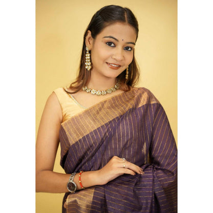 Isadora Life Womens Stripes Sequined Purple Pre-Draped Saree With Unstitched Blouse