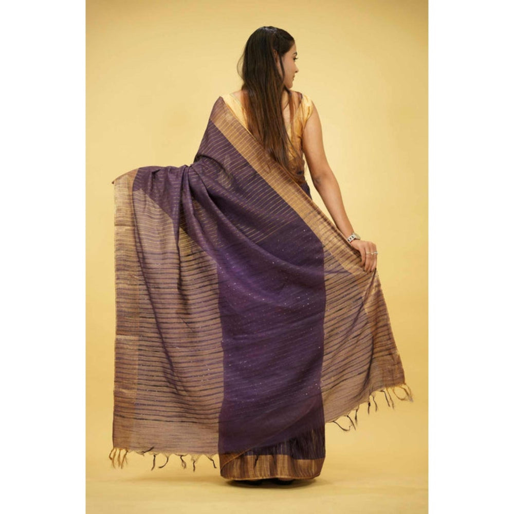 Isadora Life Womens Stripes Sequined Purple Pre-Draped Saree With Unstitched Blouse