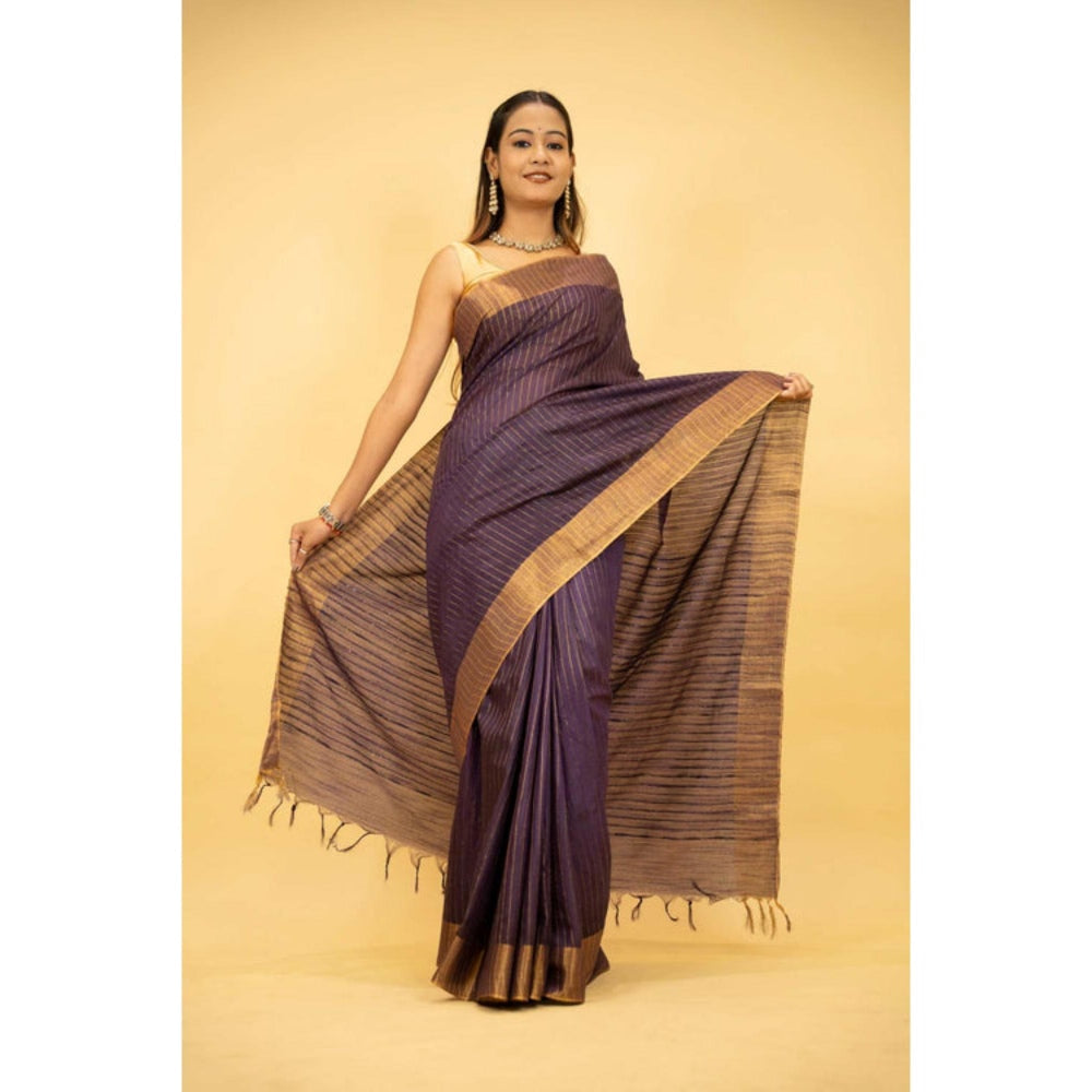 Isadora Life Womens Stripes Sequined Purple Pre-Draped Saree With Unstitched Blouse
