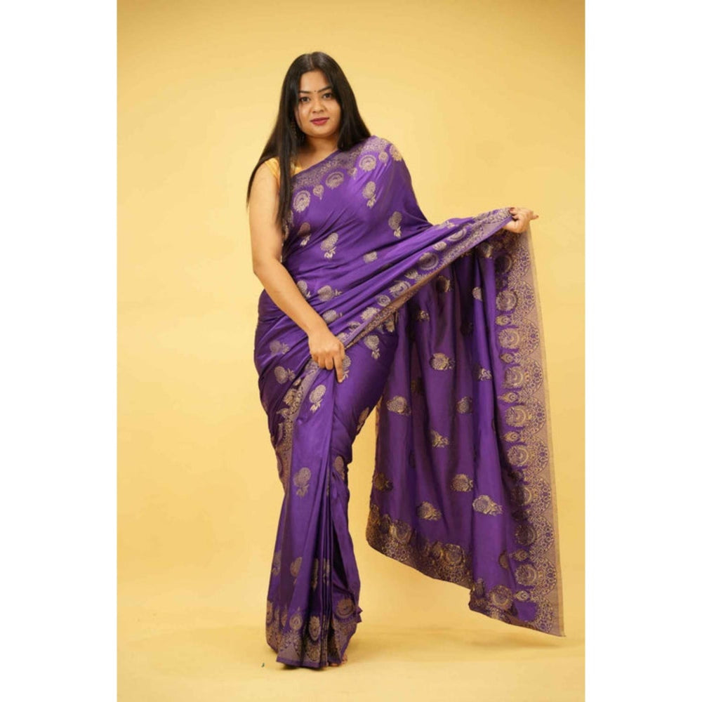 Isadora Life Womens Woven Zari Purple Pre-Draped Saree With Unstitched Blouse