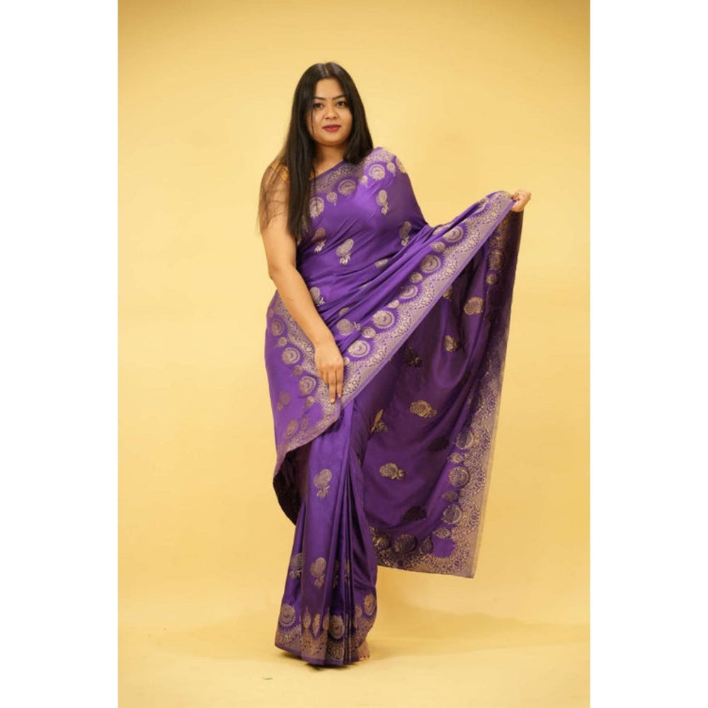 Isadora Life Womens Woven Zari Purple Pre-Draped Saree With Unstitched Blouse