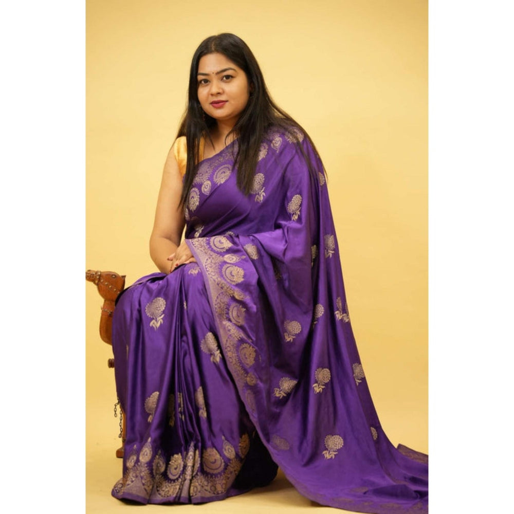 Isadora Life Womens Woven Zari Purple Pre-Draped Saree With Unstitched Blouse