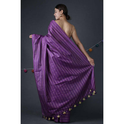 Isadora Life Womens Stripes Tassels Purple Pre-Draped Saree With Unstitched Blouse
